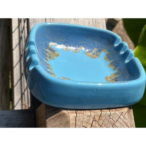 Vintage Ceramic Pottery Square Ashtray. USA 3580. Blue.Gold. Smoker. Bar Decor - Picture 3 of 7